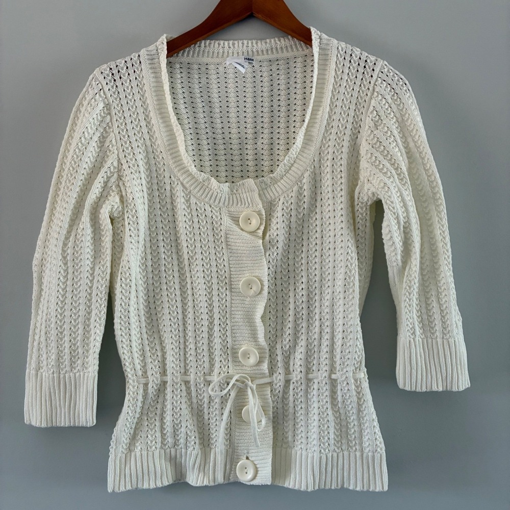 H&M Cardigan Womens L White Pointelle Knit Button Front 3/4 Sleeve Waist Tie